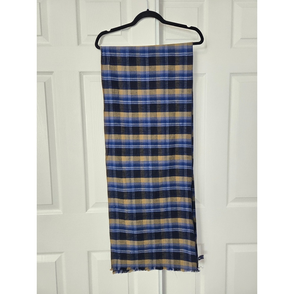 Gap Plaid Scarf Navy Blue Mustard Yellow 100% Cotton Frayed Rectangular Wrap